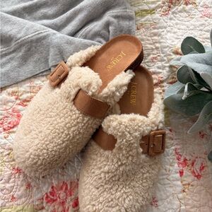 J. Crew Beige Fuzzy Slippers with Tan Buckles